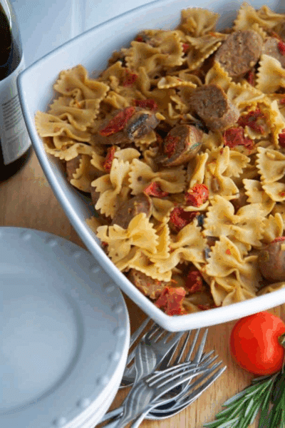 farfalle with italian sausage in a goat cheese sauce