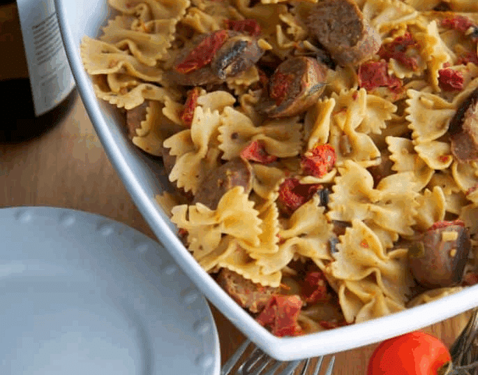 farfalle with italian sausage in a goat cheese sauce