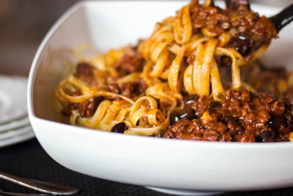 Fettuccine with Sausage Puttanesca Sauce