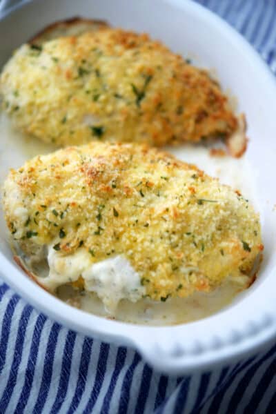 Stuffed boneless chicken breasts with garlic and herb cheese.