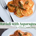 Ravioli with Asparagus in a Pink Cream Sauce on a white plate. 