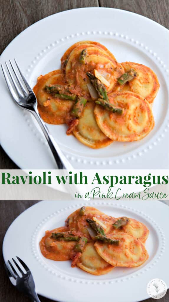 Ravioli with Asparagus in a Pink Cream Sauce on a white plate. 