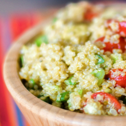 Healthy quinoa tos This healthy quinoa salad tossed with fresh avocado and tomatoes in a lime vinaigrette is light and delicious.