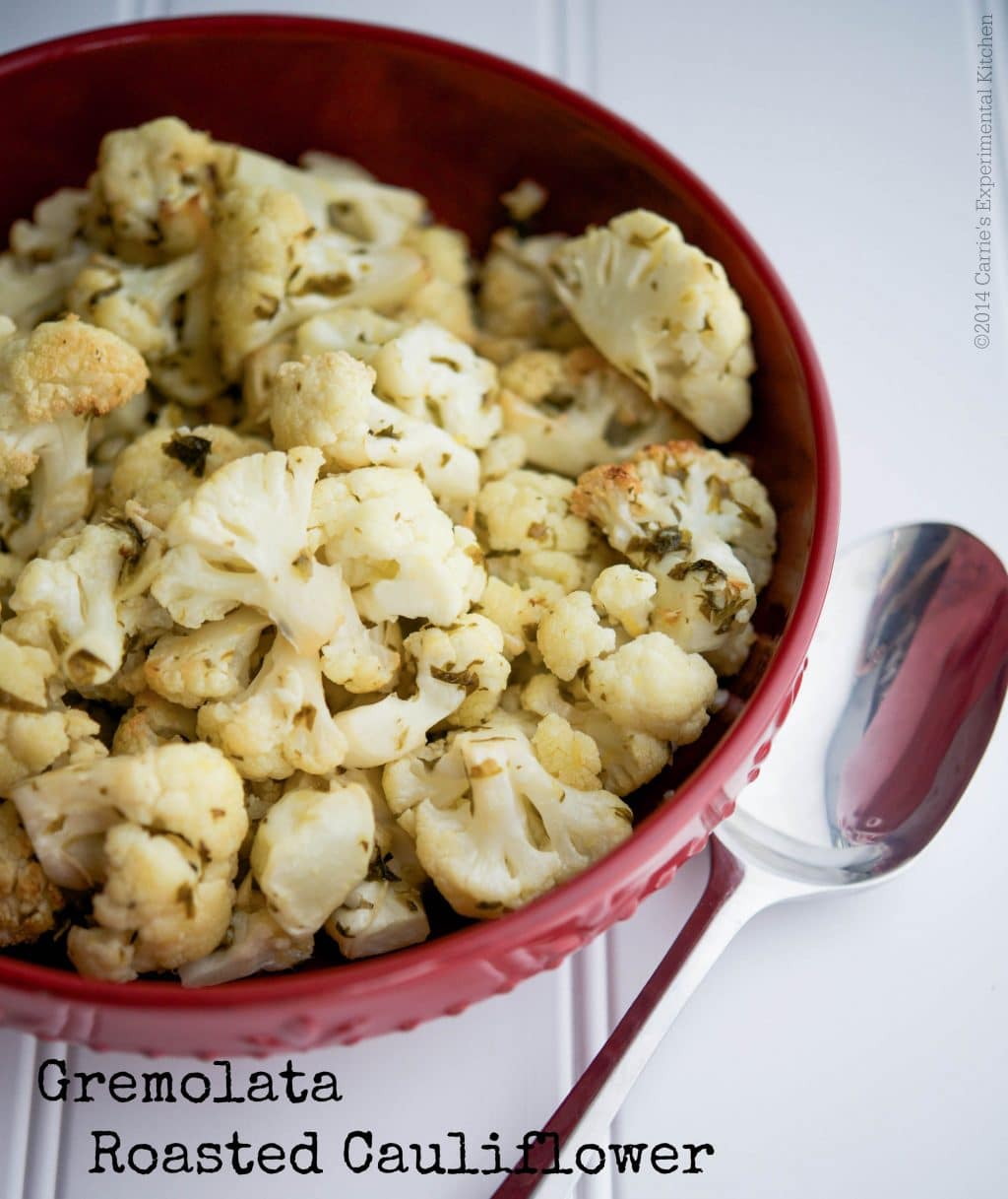 Gremolata Roasted Cauliflower on a white table