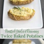 Roasted garlic combined with creamy mashed potatoes and rosemary stuffed back into the potato skins make a delicious side dish any day of the week.