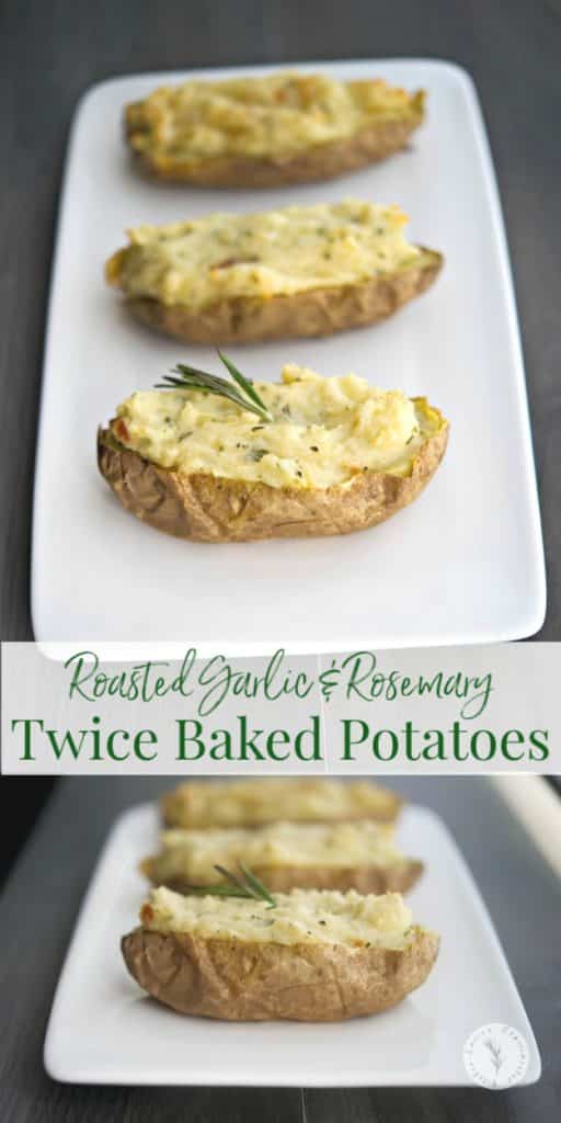 Roasted garlic combined with creamy mashed potatoes and rosemary stuffed back into the potato skins make a delicious side dish any day of the week.