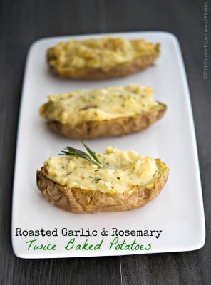 Roasted garlic combined with creamy mashed potatoes and rosemary stuffed back into the potato skins make a delicious side dish any day of the week. 