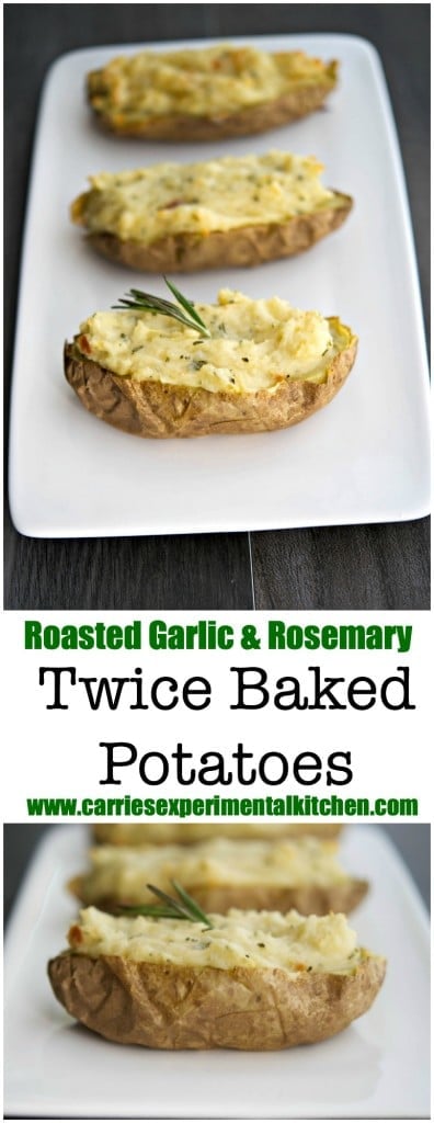 Roasted garlic combined with creamy mashed potatoes and rosemary stuffed back into the potato skins make a delicious side dish any day of the week.