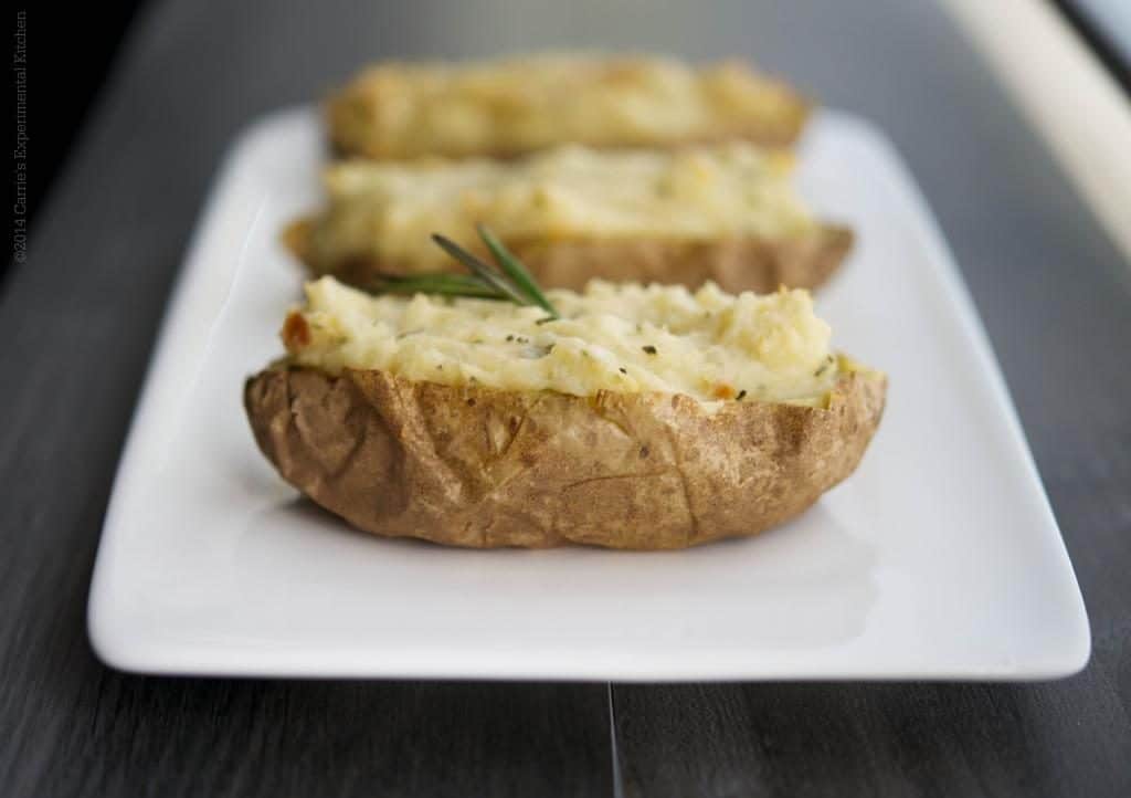 A close up of Roasted Garlic and Rosemary Twice Baked Potatoes