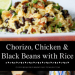 collage photo of chorizo, chicken and black beans with rice