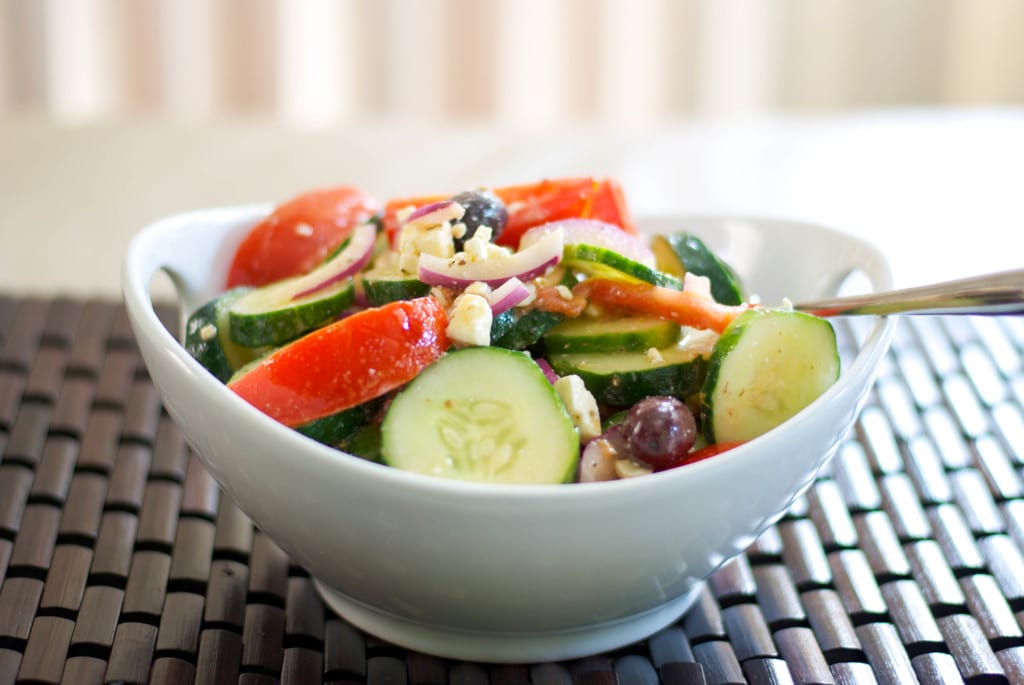 Greek Salad in a white bowl. 