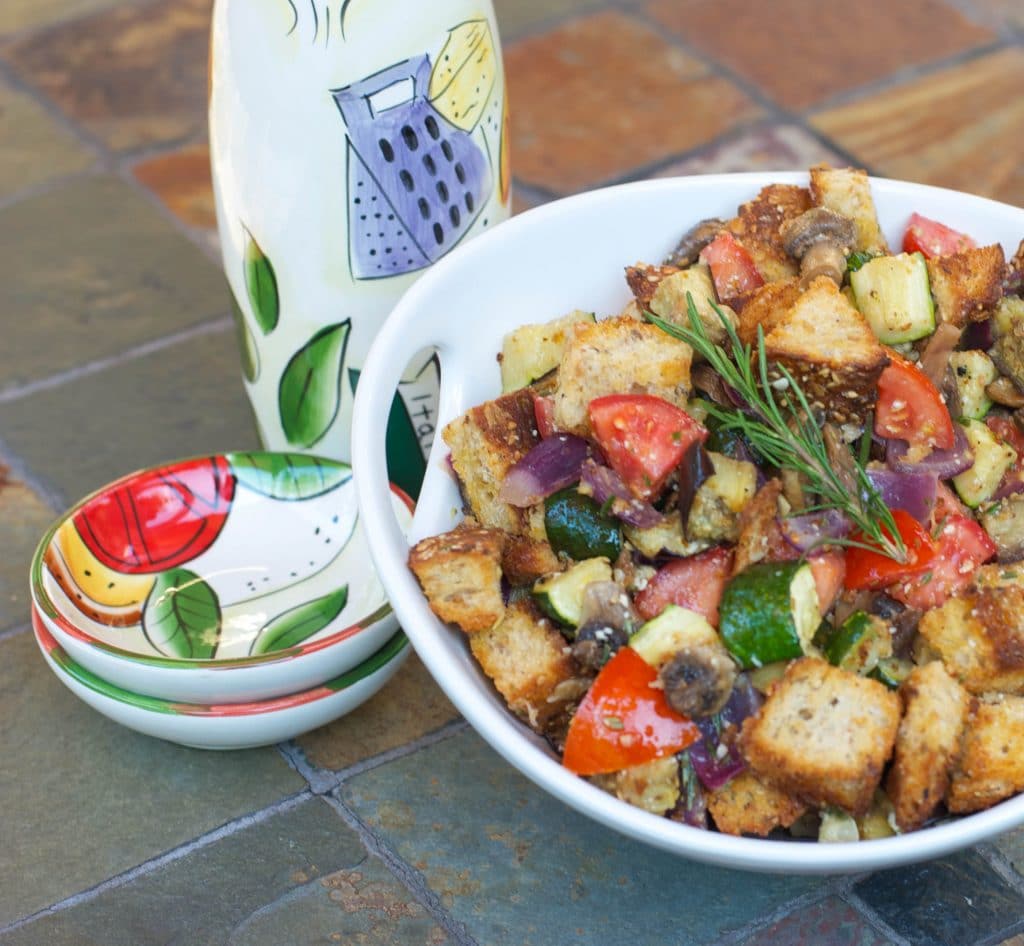 A bowl of ratatouille panzanella salad