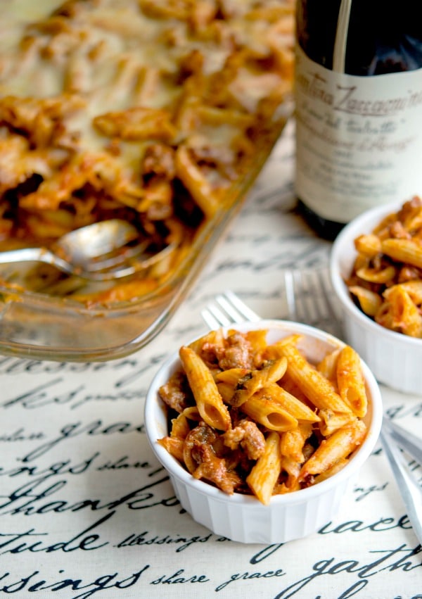 A tray of baked penne with sausage and mushroom bolognese