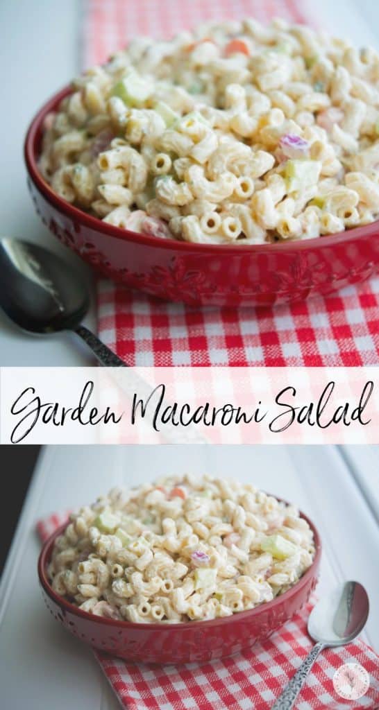 This Garden Macaroni Salad made with fresh tomatoes, cucumbers, celery, carrots and onions is super light and creamy; perfect for any gathering!