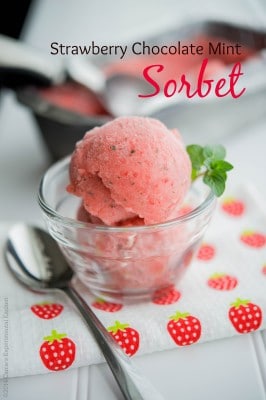 Strawberry Chocolate Mint Sorbet in a glass dish