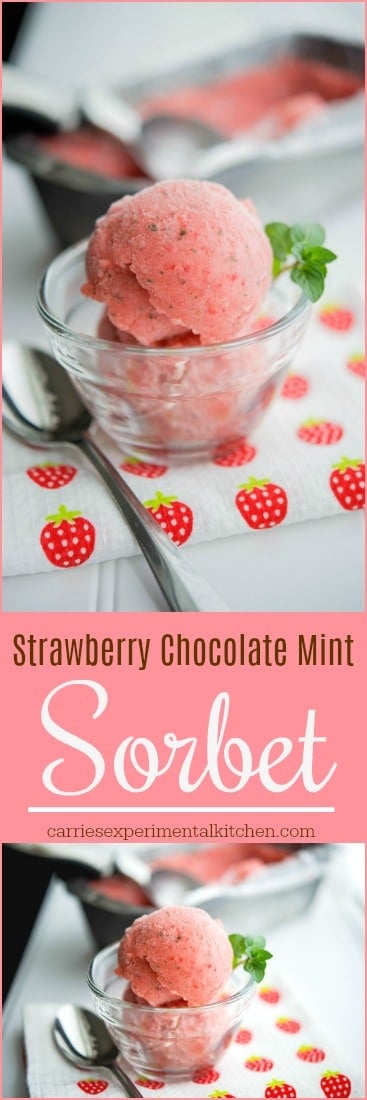 This sorbet made with fresh strawberries and chocolate mint leaves is deliciously refreshing. #sorbet #dairyfree #frozendesserts