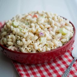 A bowl of garden macaroni salad