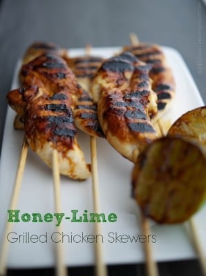 These three ingredient Honey-Lime Grilled Chicken Skewers are perfect for a quick weeknight meal or tasty appetizer or game day snack! 