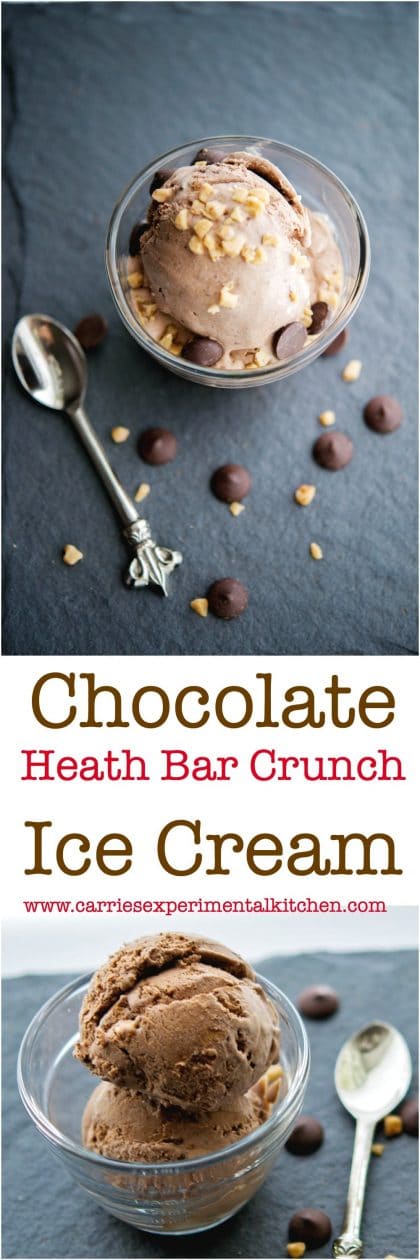 With a few simple ingredients like heavy cream, sugar, bittersweet chocolate & toffee bits, you can make this Chocolate Heath Bar Crunch Ice Cream at home. #desserts #icecream #chocolate
