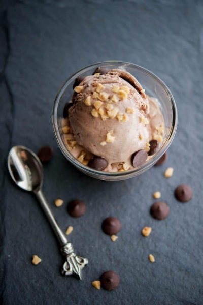 A close up of chocolate heath bar ice cream.