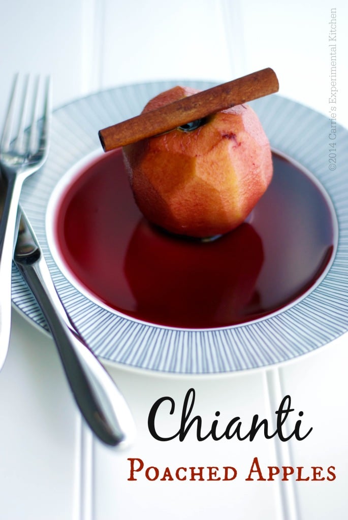 Cortland apples poached in a red wine Chianti, sugar, vanilla extract and cinnamon sticks make a tasty Fall dessert. 
