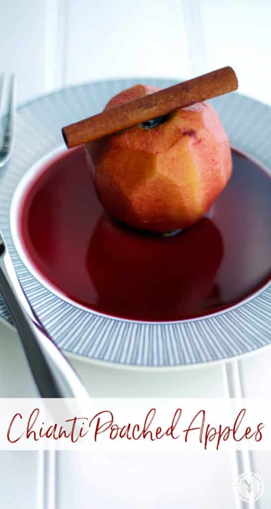 Cortland apples slowly poached in red wine Chianti, sugar, vanilla extract and cinnamon sticks make a tasty Fall dessert. 