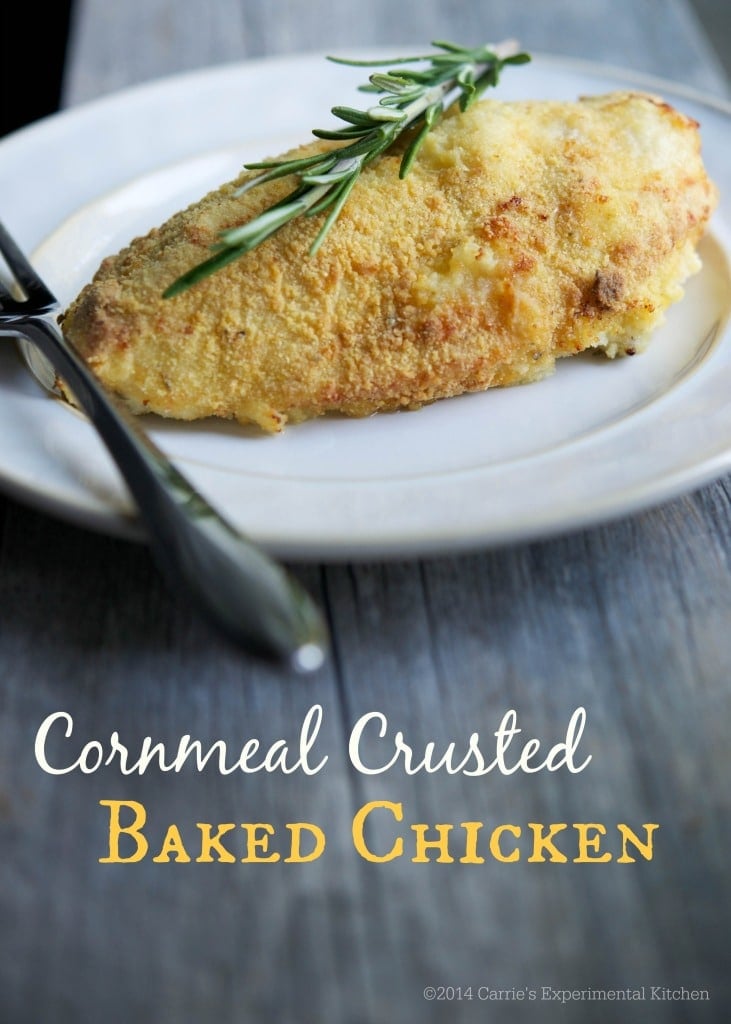 Bone in chicken breasts crusted with a mixture of cornmeal and fresh rosemary; then baked until golden brown is juicy and delicious. 