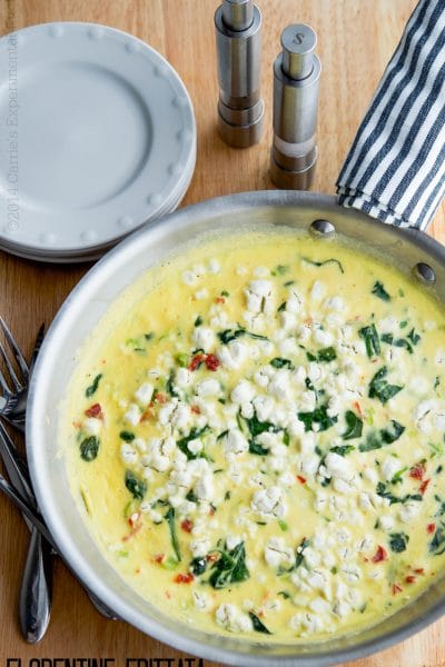 A close up of a pan of breakfast frittata.