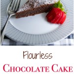 A piece of flourless chocolate cake on a plate