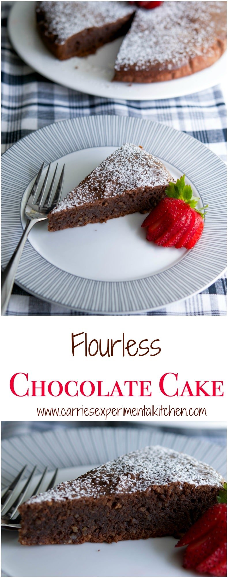 A piece of flourless chocolate cake on a plate