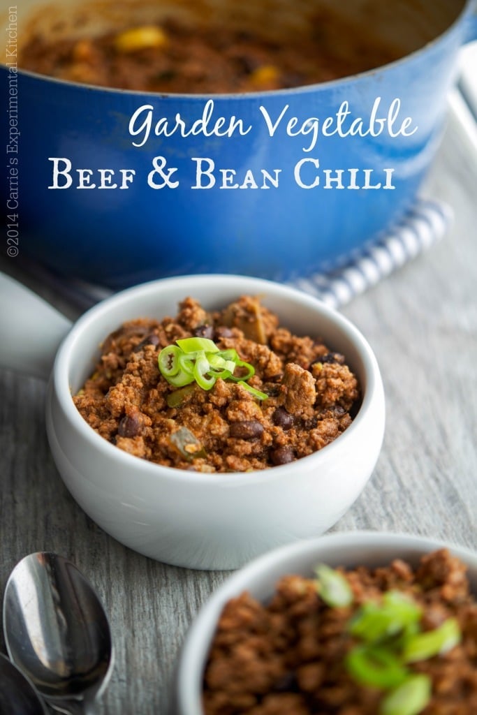 This hearty Backyard Vegetable Crimson meat and Bean Chili is cooked slowly with zucchini, yellow squash, tomatoes, extra lean beef and dark beans.