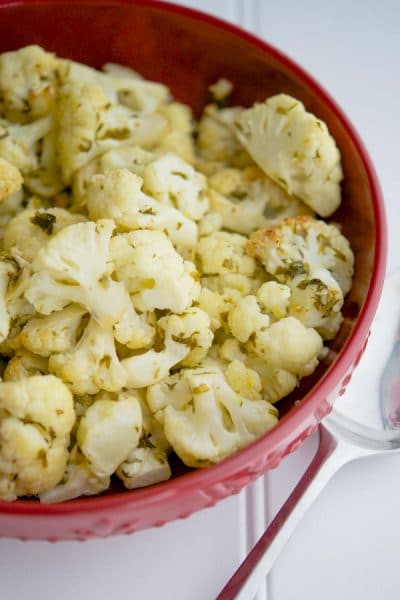 Gremolata Roasted Cauliflower in a red bowl.