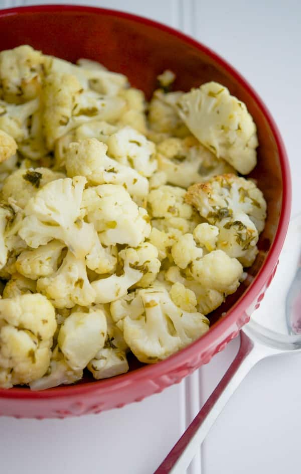 Gremolata Roasted Cauliflower in a red bowl. 