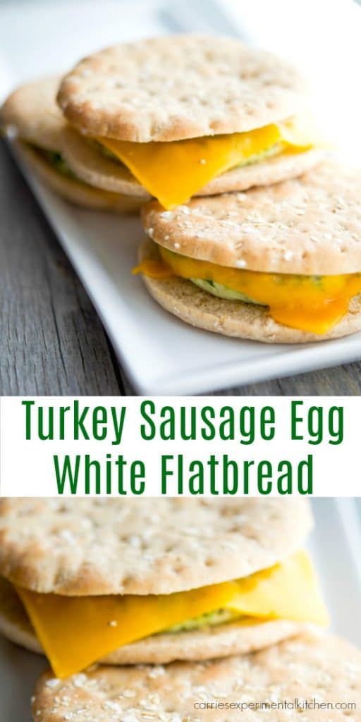 Turkey Sausage Egg White Flatbread  made with turkey sausage, egg whites, cheddar cheese and spinach. They make a quick breakfast; especially if you're on the go.
