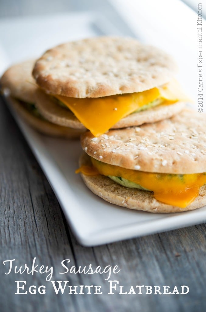 Turkey Sausage Egg White Flatbread sandwiches on a platter. 