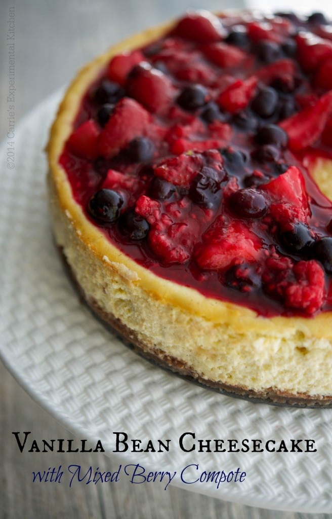 Vanilla Bean Cheesecake on a white cake plate. 