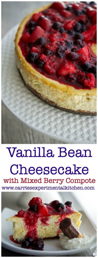  This Vanilla Bean Cheesecake made with cream cheese, Madagascar vanilla extract, vanilla beans, eggs, and sugar; then topped with a compote of fresh raspberries, strawberries and blueberries.