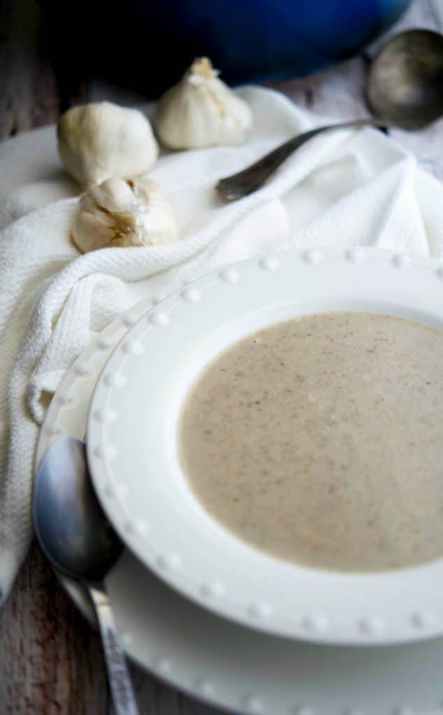 A bowl of roasted garlic mushroom soup.