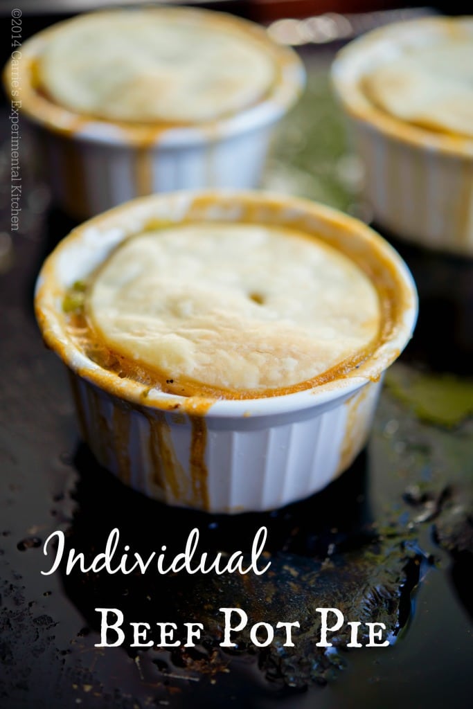 Individual Beef Pot Pie made with cooked roast beef and vegetables in a beef gravy; then topped with a buttery pie crust. 
