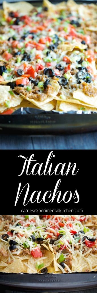 Italian Nachos made with ground pork sausage, black olives, tomatoes, scallions and melted Asiago cheese make the perfect game day snack. #appetizer #nachos #gameday