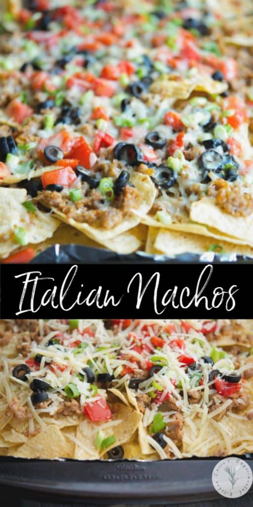 Italian Nachos made with ground pork sausage, black olives, tomatoes, scallions and melted Asiago cheese make the perfect game day snack. 