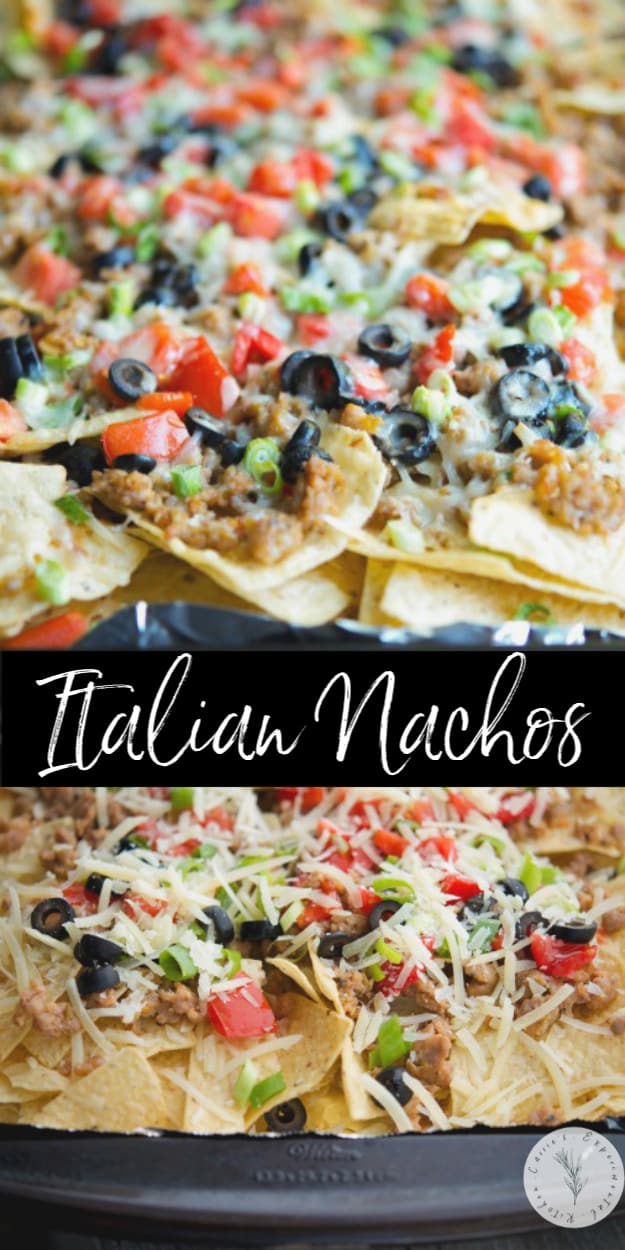 Italian Nachos made with ground pork sausage, black olives, tomatoes, scallions and melted Asiago cheese make the perfect game day snack.