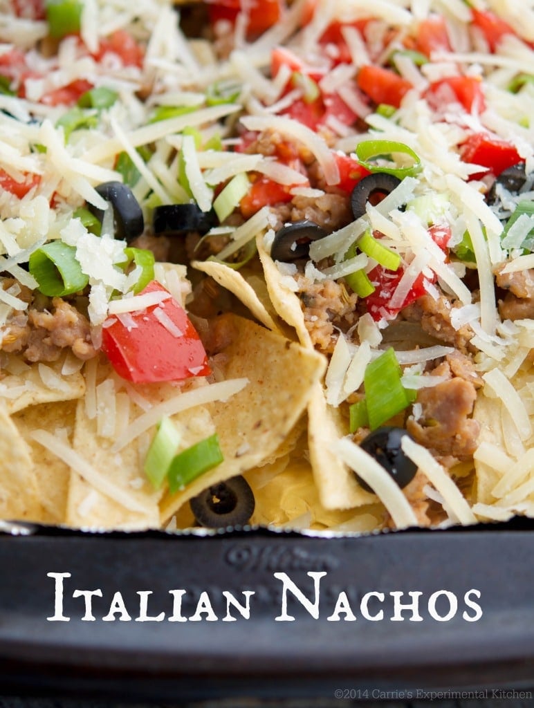 A close up of food, with Italian Nachos