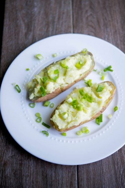Wasabi Cheddar Twice Baked Potatoes on a white plate