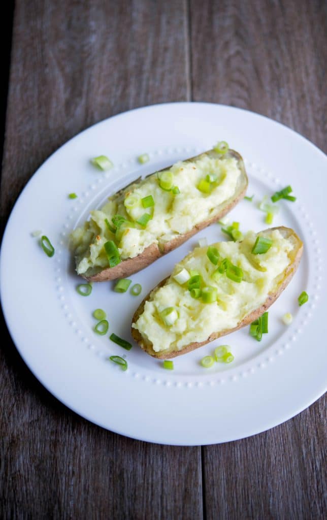 Wasabi Cheddar Twice Baked Potatoes on a white plate