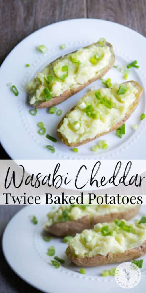 Wasabi Cheddar Twice Baked Potatoes stuffed with a creamy wasabi cheddar spreadable cheese make a deliciously flavorful side dish. 