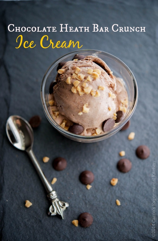 Chocolate Heath Bar Crunch Ice Cream in a dish on a dark cutting board. 