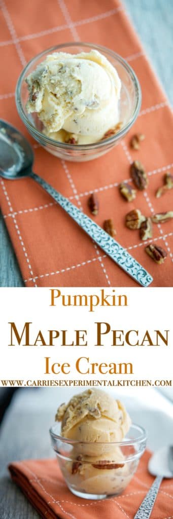 Pumpkin Maple Pecan Ice Cream made with wholesome ingredients like half and half, milk, sugar, pumpkin, maple syrup and pecans. 