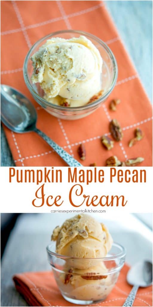 Pumpkin Maple Pecan Ice Cream made with wholesome ingredients like half and half, milk, sugar, pumpkin, maple syrup and pecans.