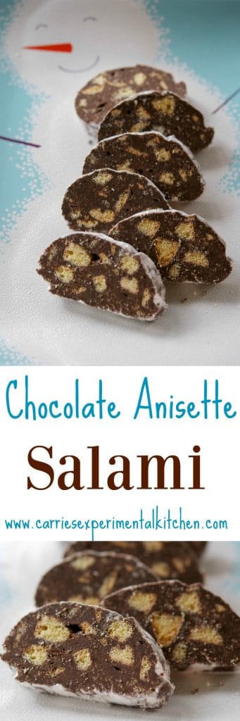 A collage photo of Chocolate Anisette Salami 